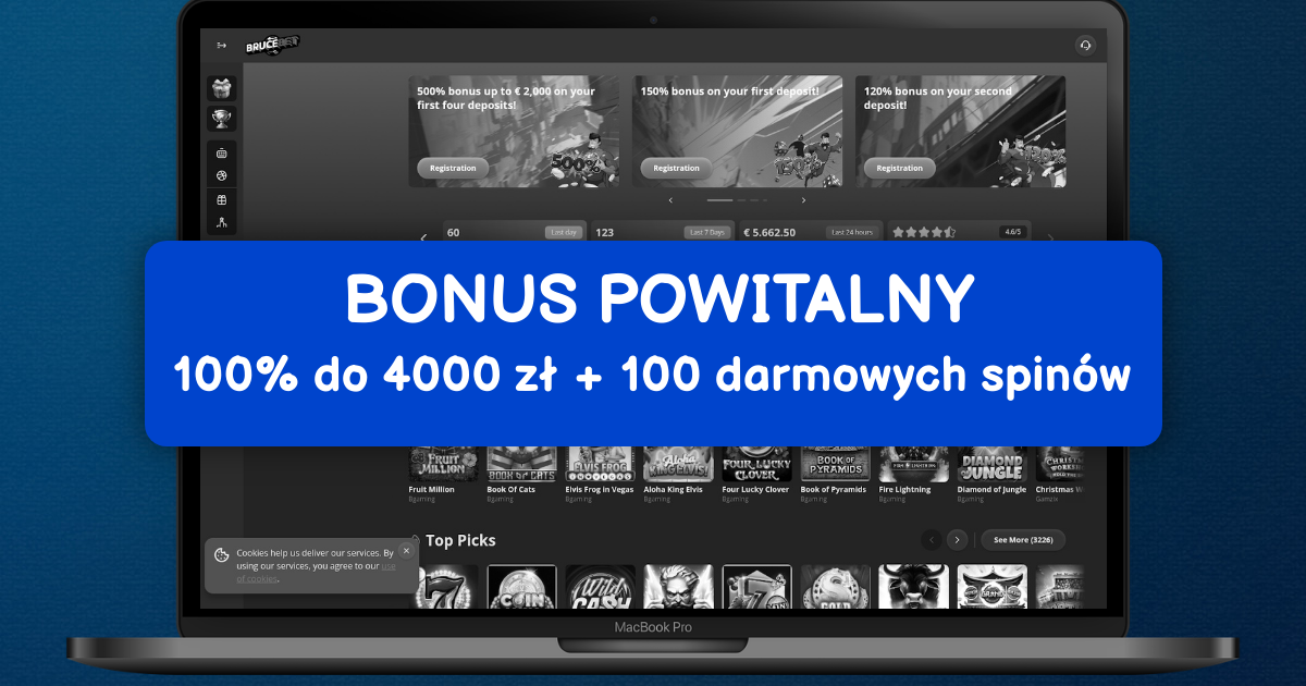 Interfejs kasyna Bruce Bet pokazujący gry i bonusy